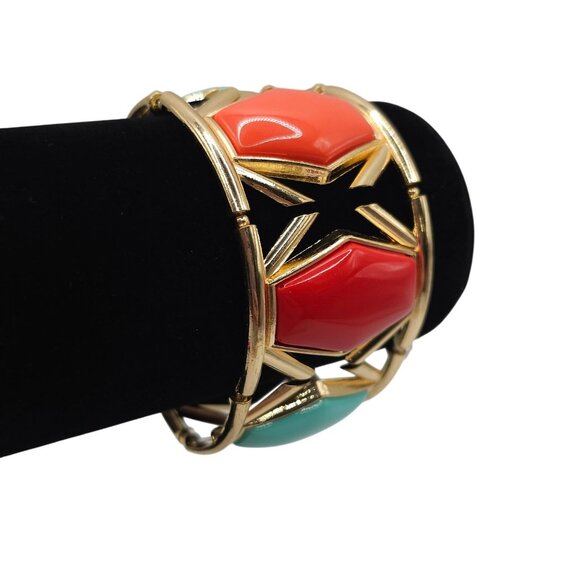 Boho Modern Chic Stmt GoldTone Red/Yellow/Aqua Gem Geometric Bangle Bracelet - Picture 2 of 13